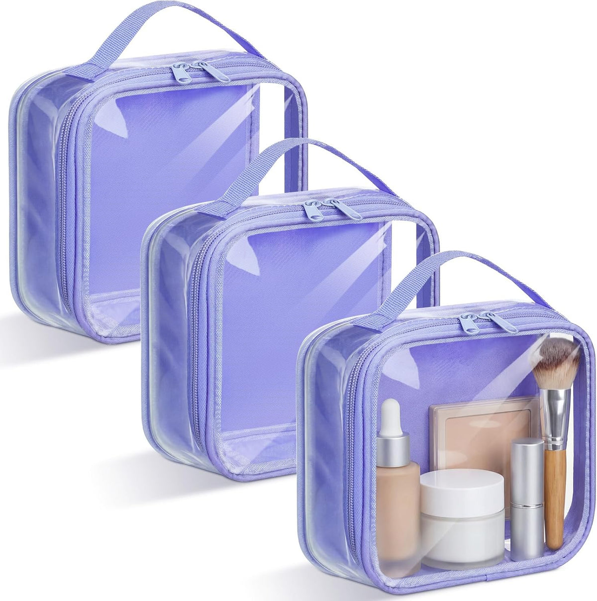 Abbylike 3 Pcs Small Toiletry Bags Reusable Quart Size Travel Liquid Pouch Single-sided Clear PVC Carry-on Organizer with Handle Cosmetic Bags for Airport Security Women Men(Purple)