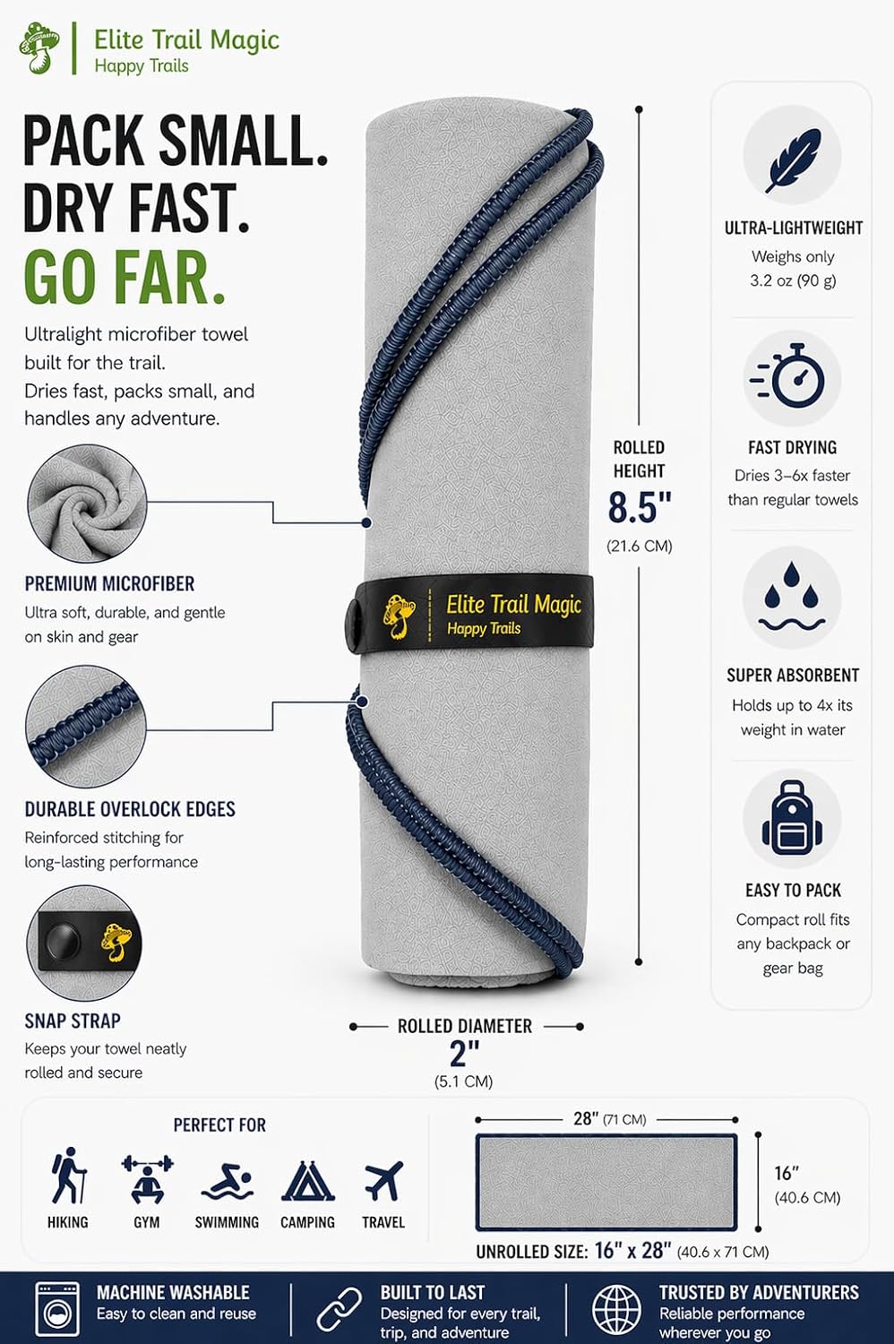 Backpacking Ultralight Quick Dry Microfiber Soft Fast Drying Hand and Face Towel Wash Cloth Camping Yoga Hiking Active Lifestyle (Gray, Medium 16x28)