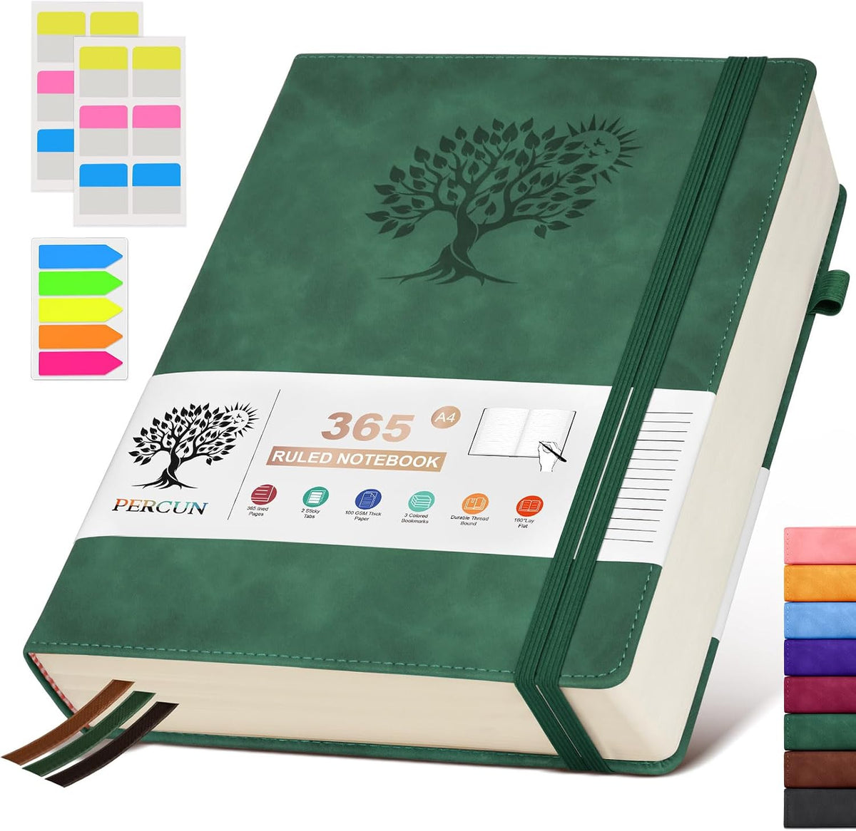 PERCUN A4 Lined Journal Notebook，365 Page Large Leather Journals for Writing Women Men，Hardcover Notebook with 100Gsm Thick Pages for Travel，Work，School，College Ruled, Daily Diary (8.5" x 11.4")