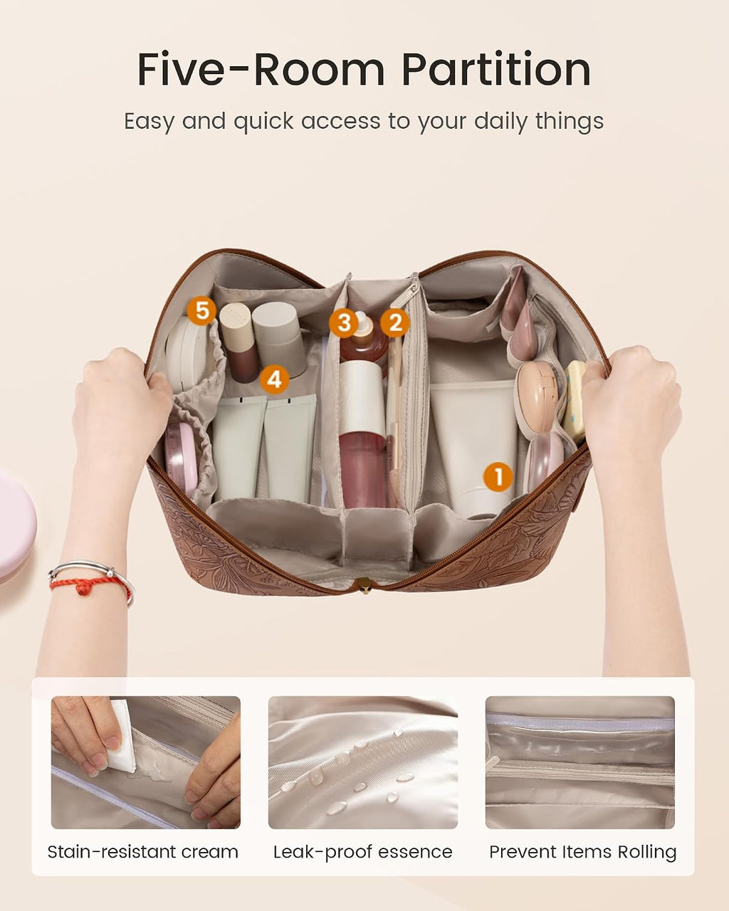 LOVEVOOK Travel Makeup Bag for Women, 2Pcs Large Capacity Cosmetic Organizer Bag, Waterproof PU Leather, Flat Open Portable Small Toiletry Pouch for Skincare, Brushes (Embossed Purple, Medium)