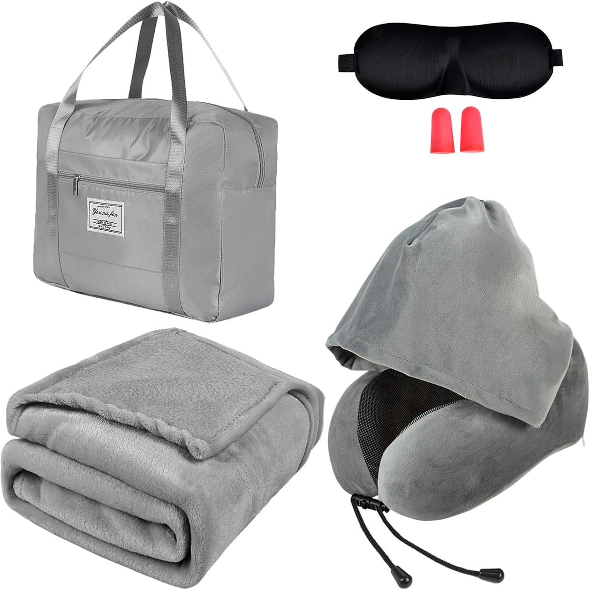 Travel Blanket and Pillow Set - Hooded Neck Pillow Airplane Essentials Grey