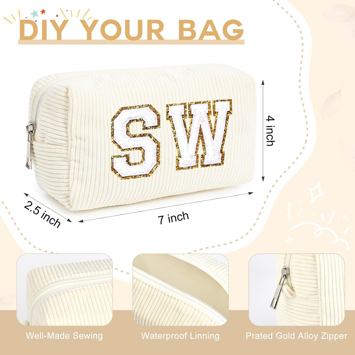 SOIDRAM 2 Pack Corduroy Makeup Bag for Women, Beige Makeup Pouch Small Cosmetic Bag Travel Toiletry Organizer for Skincare, Brushes & Essentials