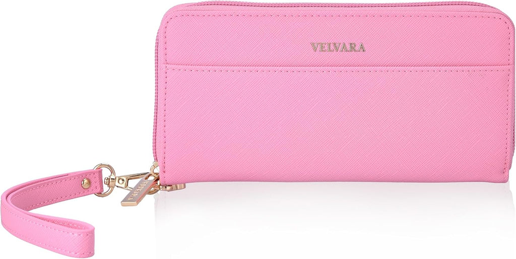 Women’s RFID Blocking Wristlet Wallet, Slim PU Leather Bifold Card Holder with Zip-Around Closure and Wrist Strap, Pink