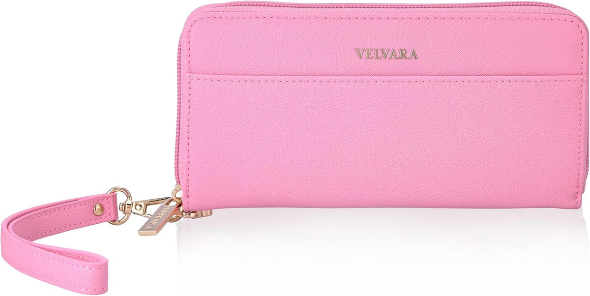 Women’s RFID Blocking Wristlet Wallet, Slim PU Leather Bifold Card Holder with Zip-Around Closure and Wrist Strap, Pink