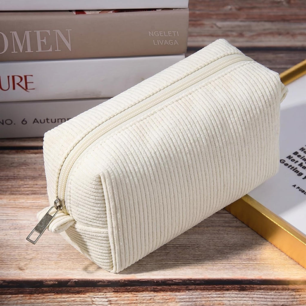 SOIDRAM 2 Pack Corduroy Makeup Bag for Women, Beige Makeup Pouch Small Cosmetic Bag Travel Toiletry Organizer for Skincare, Brushes & Essentials