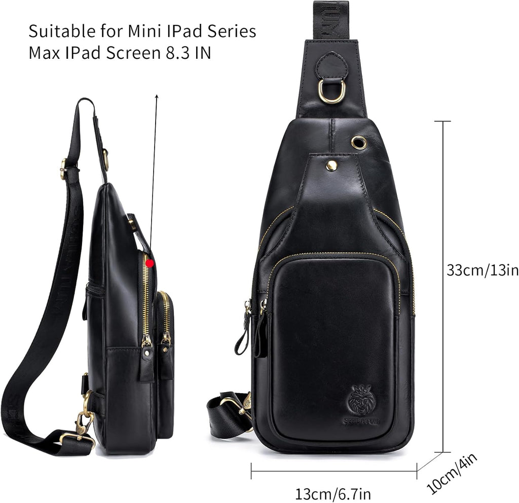 Mens Sling Bag Genuine Leather Crossbody Bags for Men Small Sling Chest Backpack Casual Man Bag Hiking Outdoor, Black