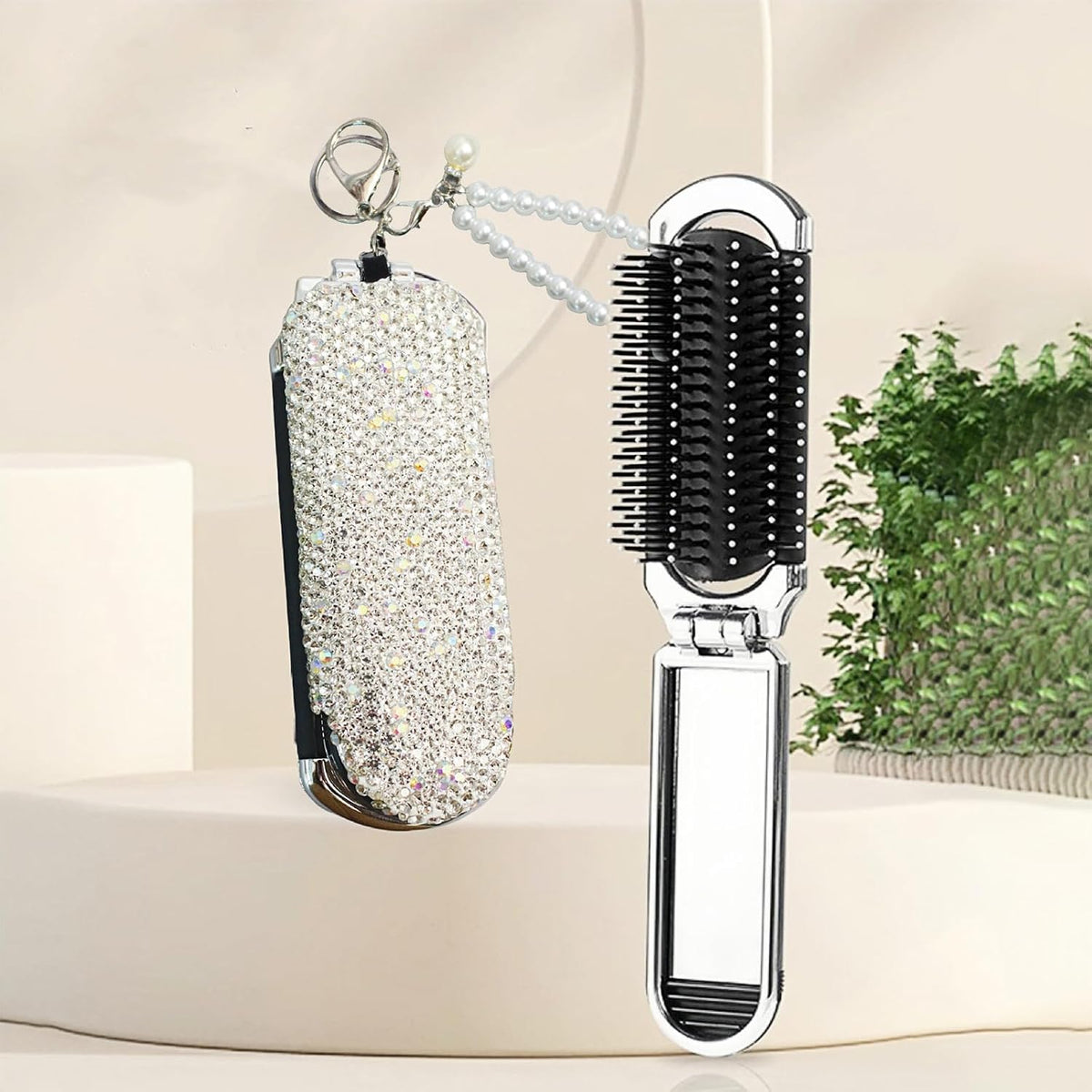 1 Pack Rhinestone Pocket Hair Brush with Mirror Keychain Bling Travel Folding Combs Sparkle Portable Collapsible Compact Comb for Women Silver
