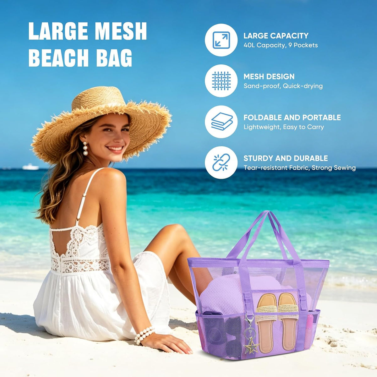 Large Mesh Beach Bag for Women, Sandproof 9-Pocket Beach Tote Bag, Quick-Drying Pool Bag for Travel Vacation