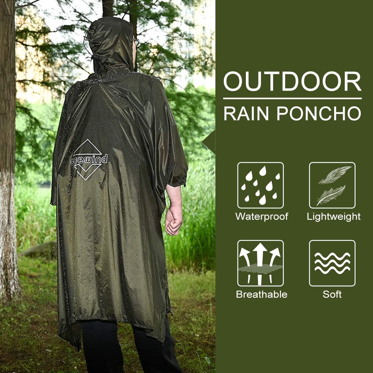 onewind Hooded Rain Poncho, Waterproof Silnylon Versatile Survival Shelter