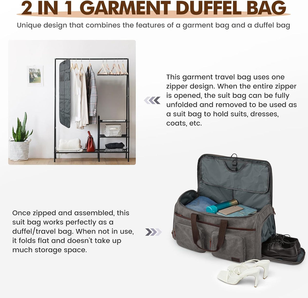 Garment Bag for Travel, S-ZONE Duffle Bag for Men Travel Convertible Suit Bags Carry on Luggage Women Hanging Suitcase Travel Bag with Toiletry Bag