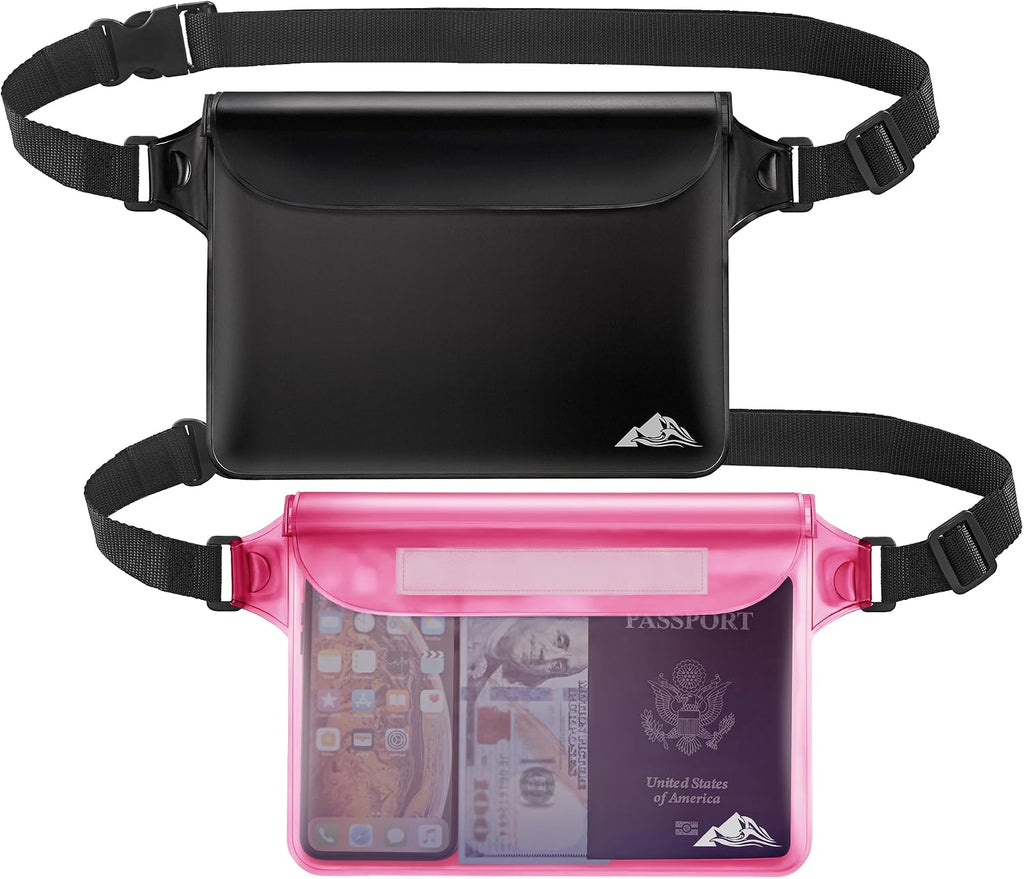 HEETA Waterproof Dry Bag for Women Men (Transparent Blue 5L) Bundled with 2-Pack Waterproof Pouch with Adjustable Waist Strap (Black & Pink)