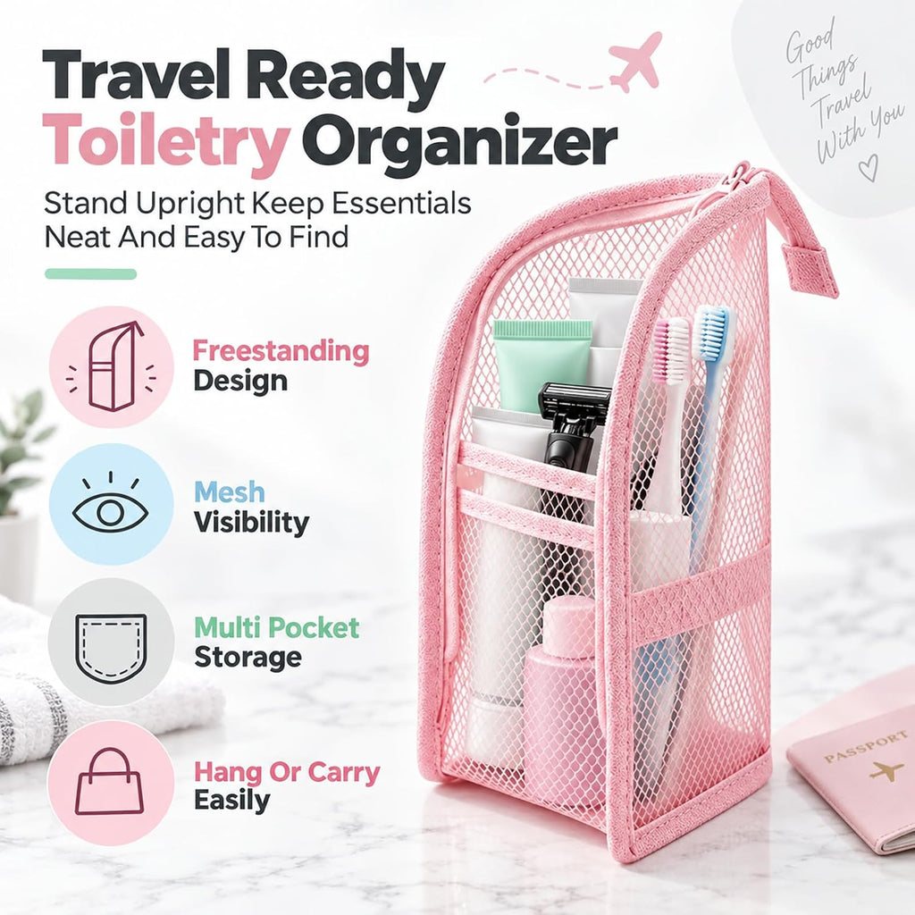 Travel Toiletry Bag Bathroom Organizer Mesh Zipper Standing Pouch Freestanding Waterproof Storage for Women Clear Makeup Small Hanging Toiletries Stand Shower Caddy Away Dust Proof Upright