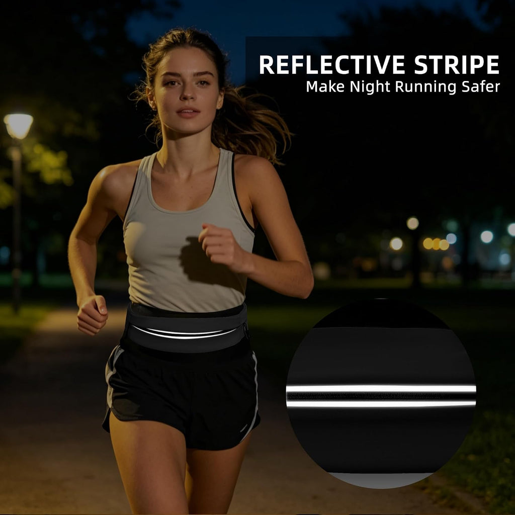 Running Belt for Men Women, Water-resistant Fanny Pack with 3 Zipper Pockets & Reflective Safety Strips, Adjustable Waist Pack Jogging Pouch for Phone, Keys & Essentials (Black, X-Large)