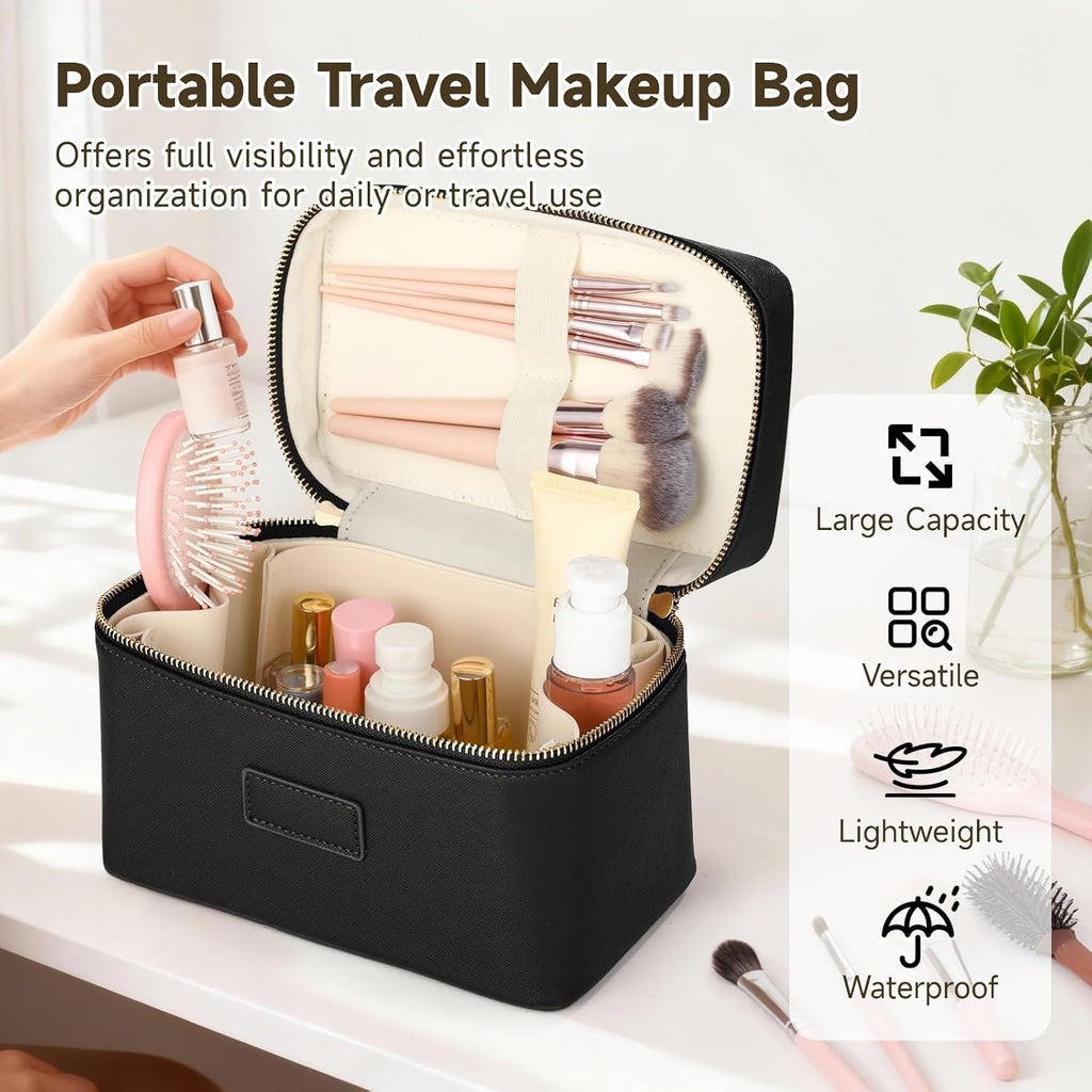 Makeup Vanity Bag for Women - Large Capacity Cosmetic Organizer with Removable Liner, Waterproof PU Leather Skincare Bag, Portable Chic Cosmetic Make Up Case for Skincare, Accessories,StyleB, Black