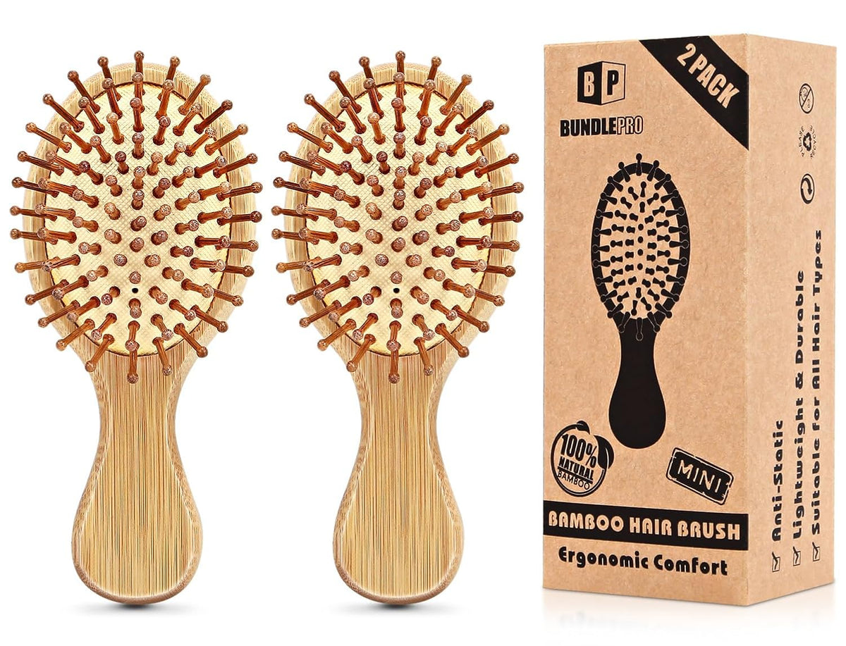 BUNDLEPRO Hair Brush with Natural Bristles, MINI, 2 Pack