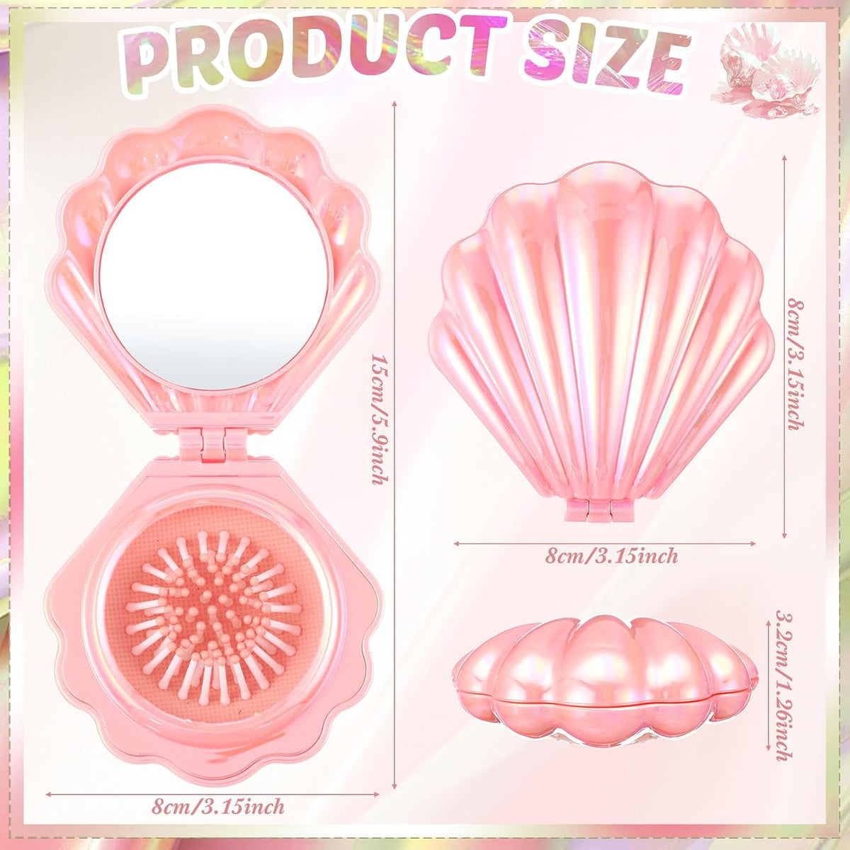 AceOrbit 6 Pcs Mermaid Party Favors Foldable Shell Hair Brush with Mirror Mini Travel Pocket Compact Hair Brush Makeup Comb for Women Girls Birthday Party Gifts(Pink)