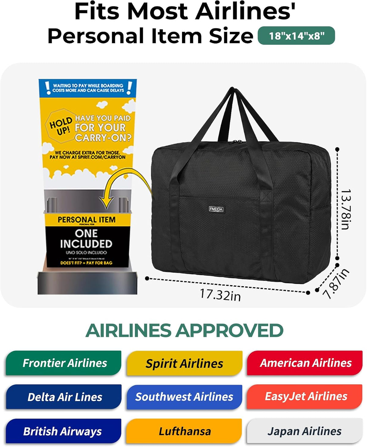 For Frontier Airlines Personal Item Bag 18x14x8 Travel Duffel Bag Carry on