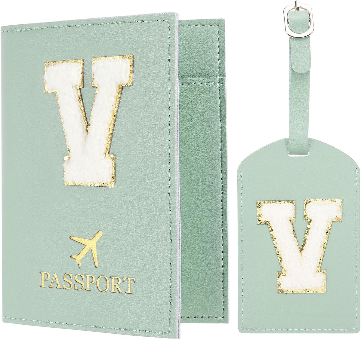 PATIKIL Passport Holder for Travel, Initial Passport Cover and Luggage Tag Set with Alphabet Chenille Letter Patch Travel Wallet Bag Suitcase Identifier for Women Family Travel Green V