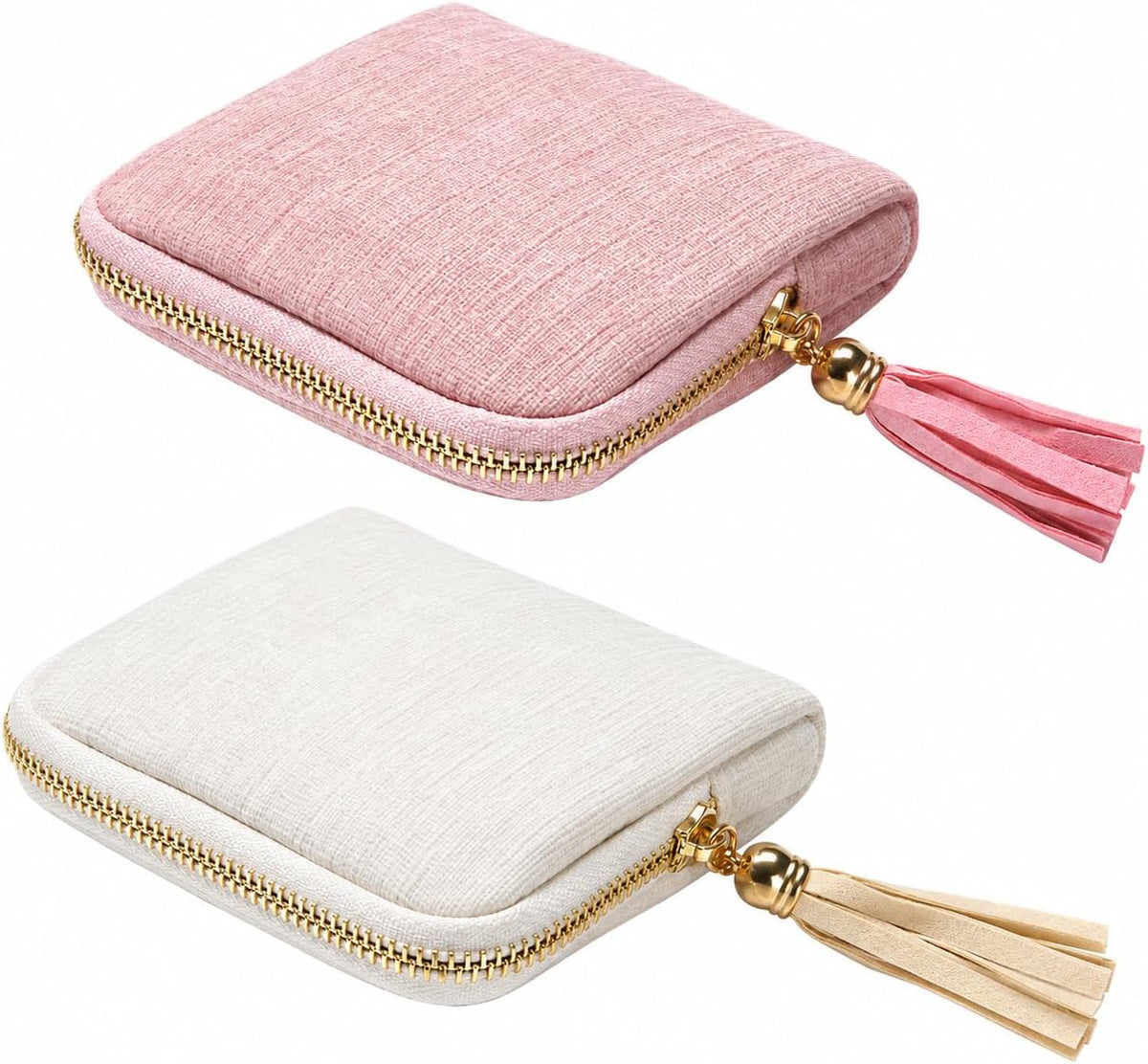 2-Pack Velvet Jewelry Organizer Case - Travel Zipper Pouch with Tassel, 6-Layer Storage for Bracelets, Bangles & Accessories (Off-white and Pink)