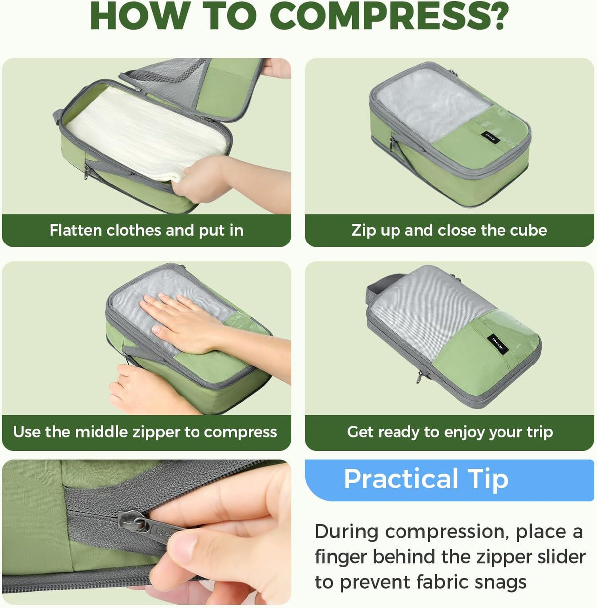 BAGAIL Lightweight Compression Packing Cubes for Travel, 6 Set,Matcha Green