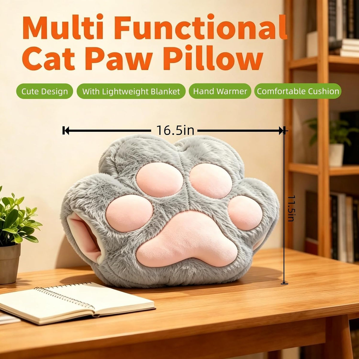 RYOLOY Cat Paw Warm Hand Pillow,with 66 * 35Inch Travel Blanket,2 in 1 Travel Pillow and Blanket Set,for Car Office Camping Essentials (Grey)