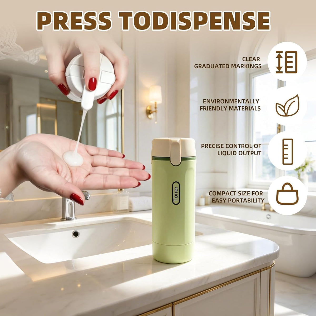 4 in 1 Travel Dispenser Bottle, Leakproof Travel Size Toiletries Holder, Refillable Portable Containers for Shampoo Lotion Conditioner Cream Transparent with Label (Green)