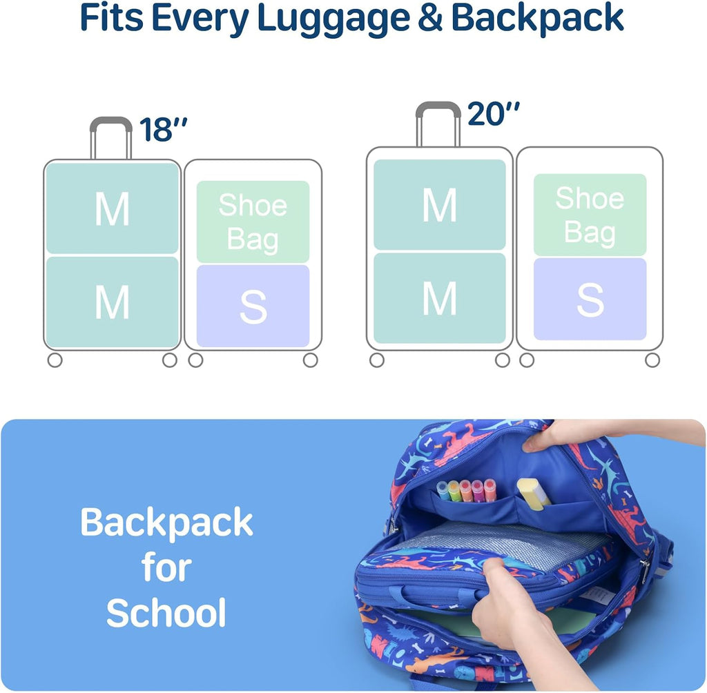 Kids Compression Packing Cubes - 4 PCS Sets, Blue Dinosaur