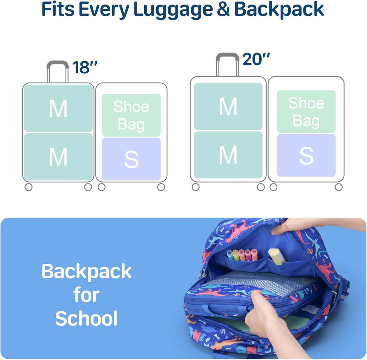 Kids Compression Packing Cubes - 4 PCS Sets, Blue Dinosaur
