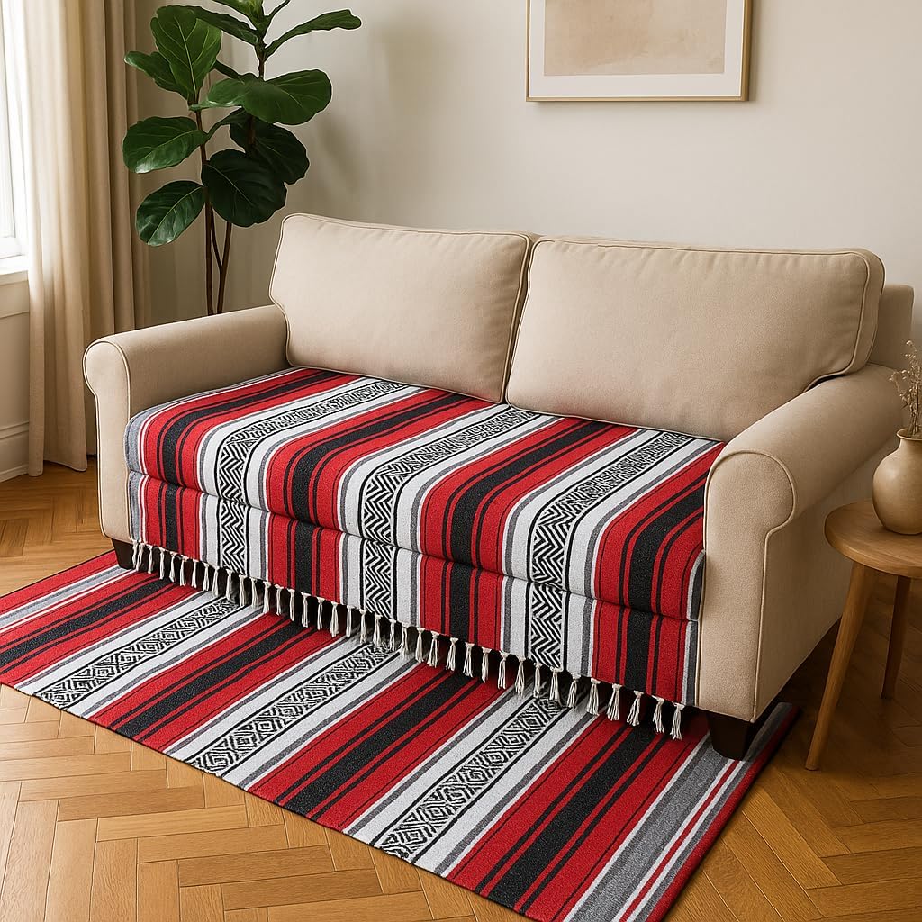 Airooglee 69" L x 51" W Large Mexican Blanket - Perfect as Yoga Outdoor Beach Serape Picnic Camping Woven Blanket, Boho Home Décor - Red