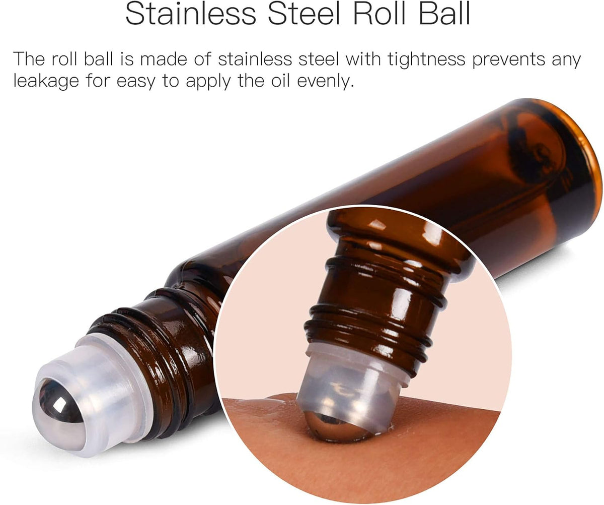 ULG Roll on Bottles 10ml Amber Glass Empty Bottles 8 Piece with Stainless Steel Roller Ball 2 Extra Balls 8 Piece Waterproof Labels 1 Opener and 3ml Dropper for Essential Oils