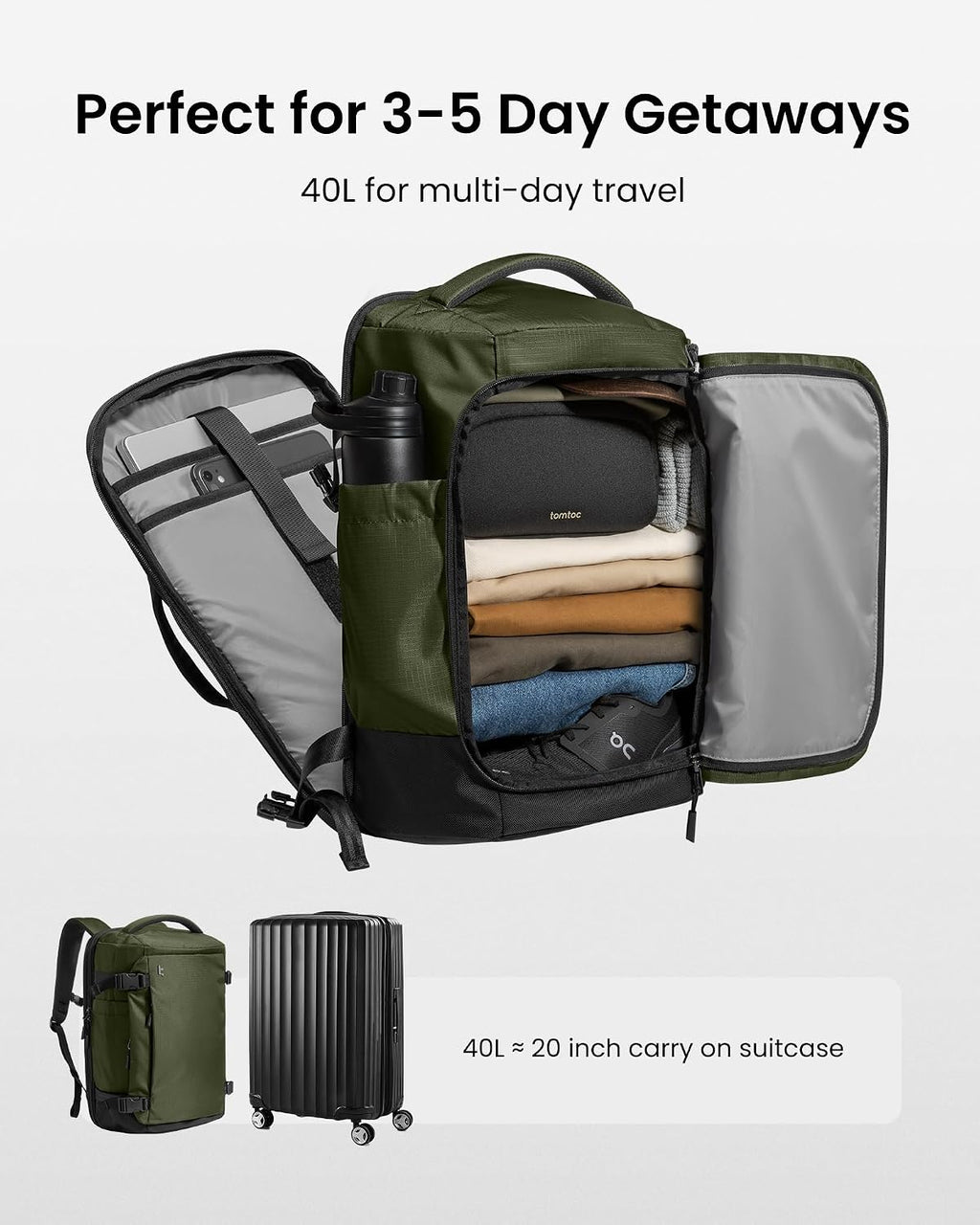 tomtoc Travel Backpack 40L, TSA Carry On Bag Flight Approved, PFAS Free