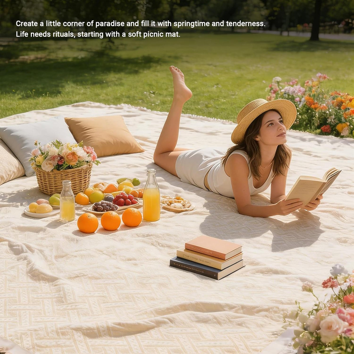 Boho Cotton Picnic Blanket, Beige 90×97 Inch Woven Outdoor Grass Mat