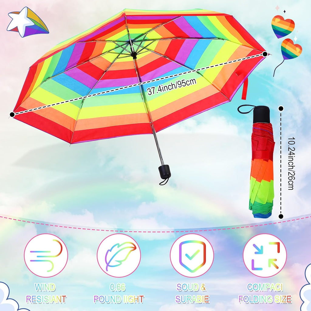 12 Pc Rainbow Umbrella Portable Tri Folded Pride Umbrella Windproof Compact Rain Parasol for Travel Beach Wedding Party