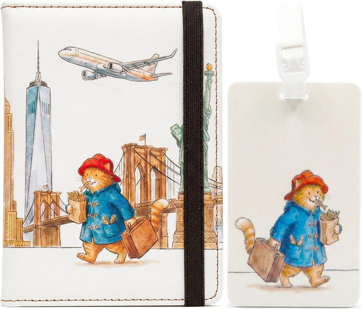 2Pack Cartoon Passport Holder and Luggage Tag Set PU Leather Passport Cover Wallet with Cute Cat Luggage Tag for Travel Suitcase Women and Men