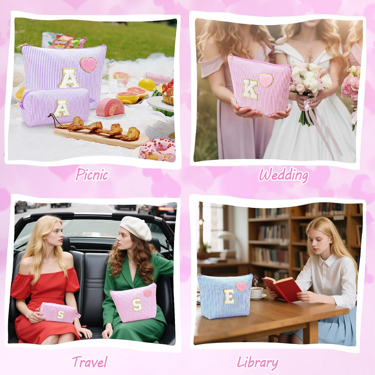 Personalized Initial Makeup Bag Pouch Cute Preppy Makeup Organizer bag