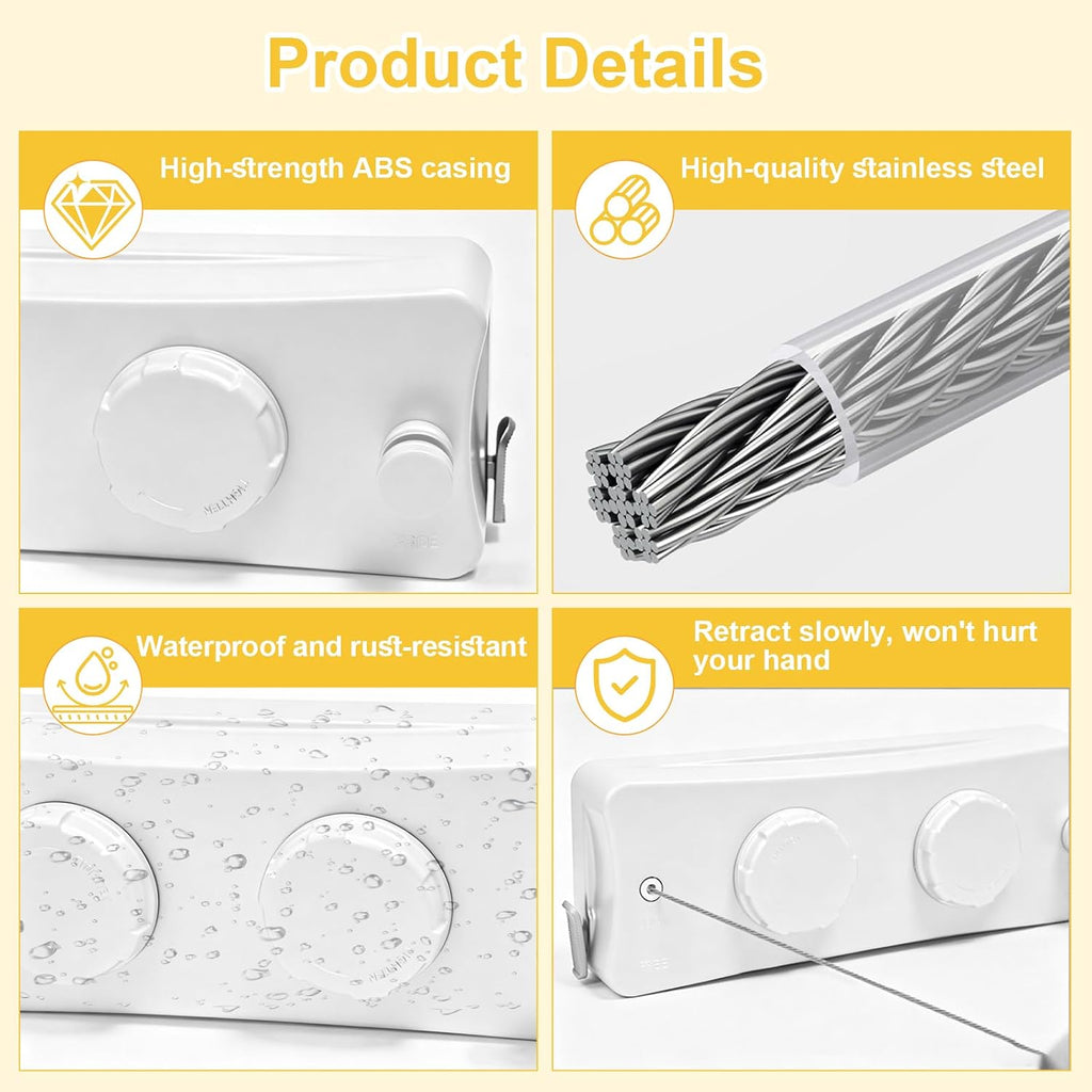 Retractable Clothesline Indoor & Outdoor, 16.7 Ft Non-Sagging Double Clothes Line, Retracting Heavy Duty Clothes Drying Laundry Line, Wall Mounted Stainless Steel Line (White, Dual Line)