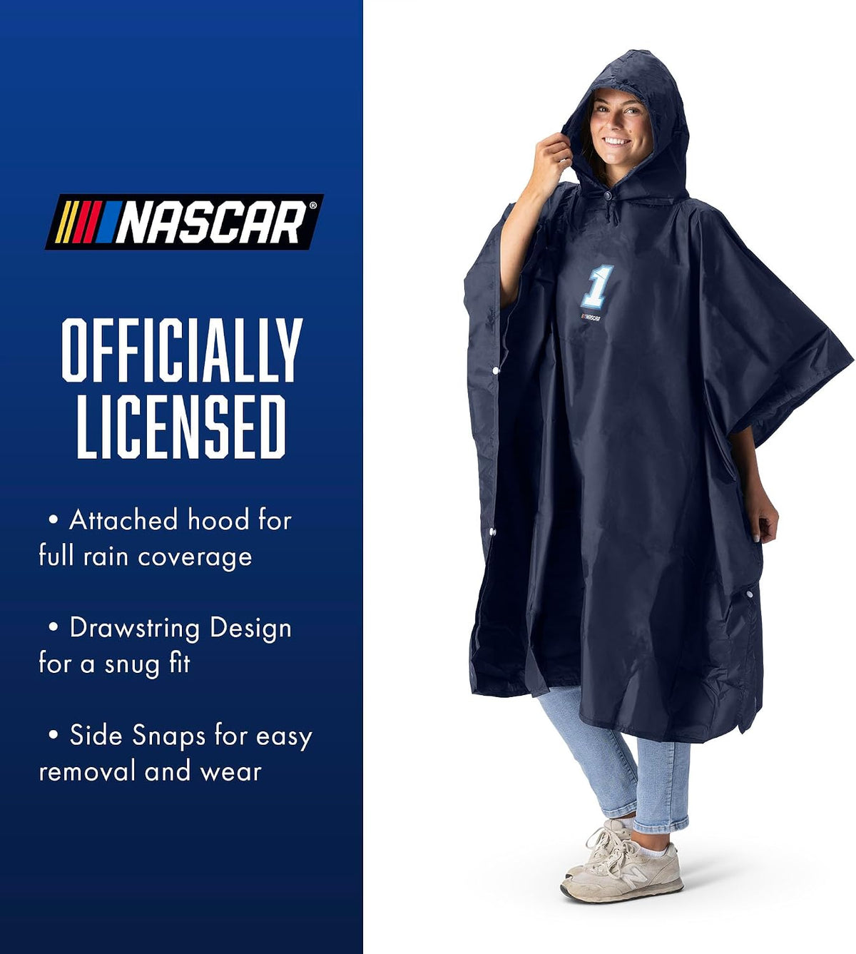 Northwest NASCAR Rain Poncho, Water Resistant Hooded Pullover with Mesh Bag, Lightweight Adult Stadium Gear, 44 x 49 in