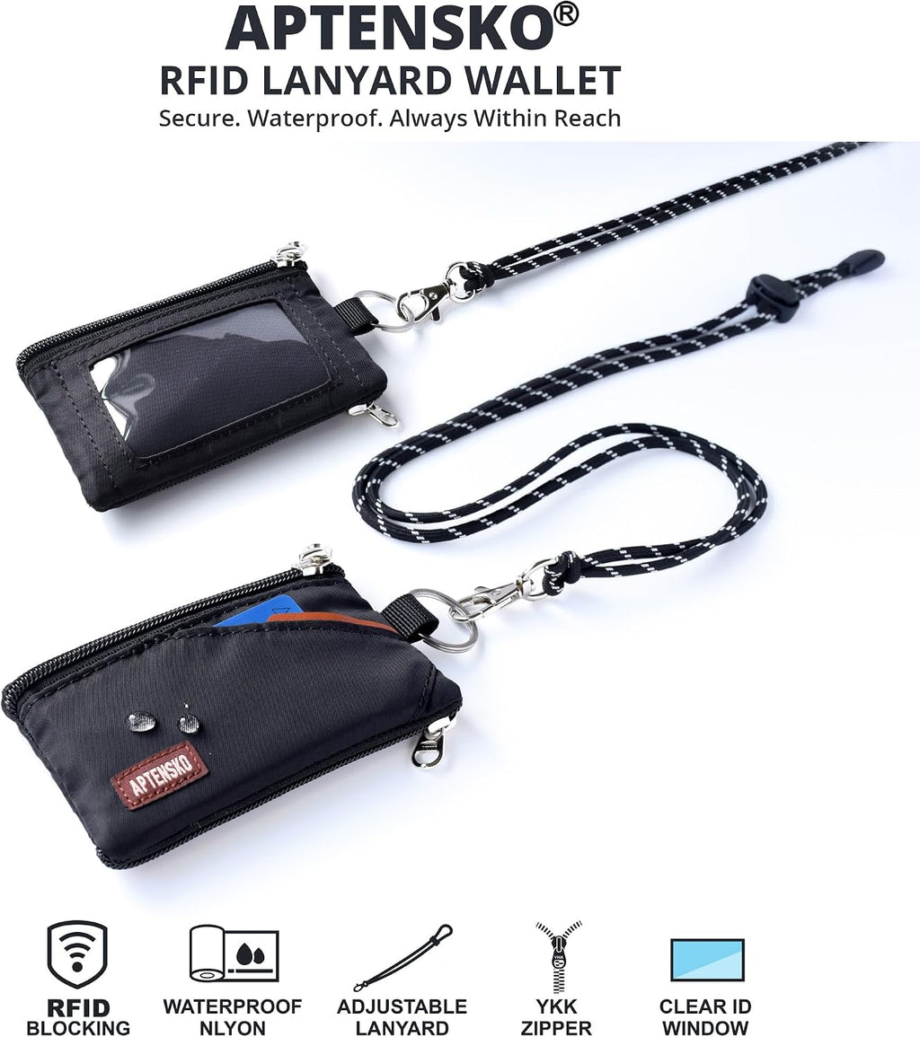 RFID Blocking Travel Wallet with Adjustable Lanyard, Small Nylon Zipper Pouch and Badge Holder for ID, Credit Cards, Cash, Keys, Commuters (Black)