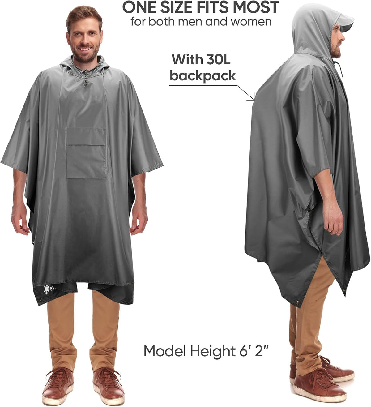 PTEROMY Hooded Rain Poncho for Adults, Reusable Waterproof Raincoat