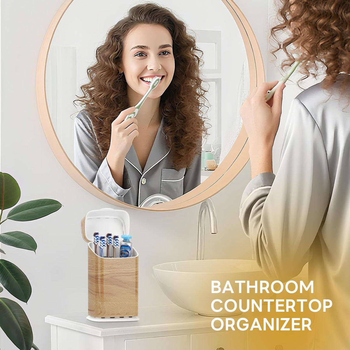 GFWARE Wood Bathroom Toothbrush Holder with Cover, Ventilated & Drainage