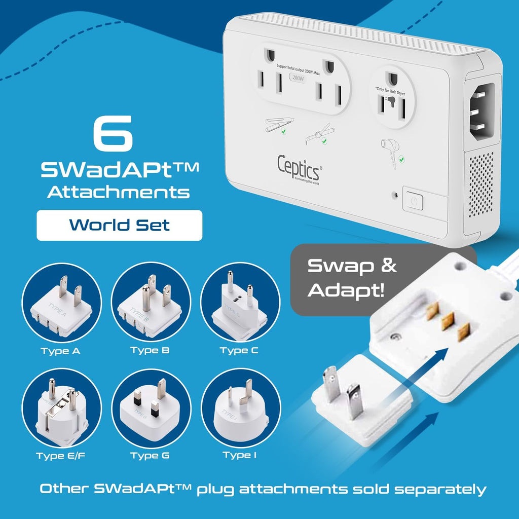 Ceptics 200W+2000W Voltage Converter, 3 USB-A + 1 USB-C, 6 SWadAPt Plugs