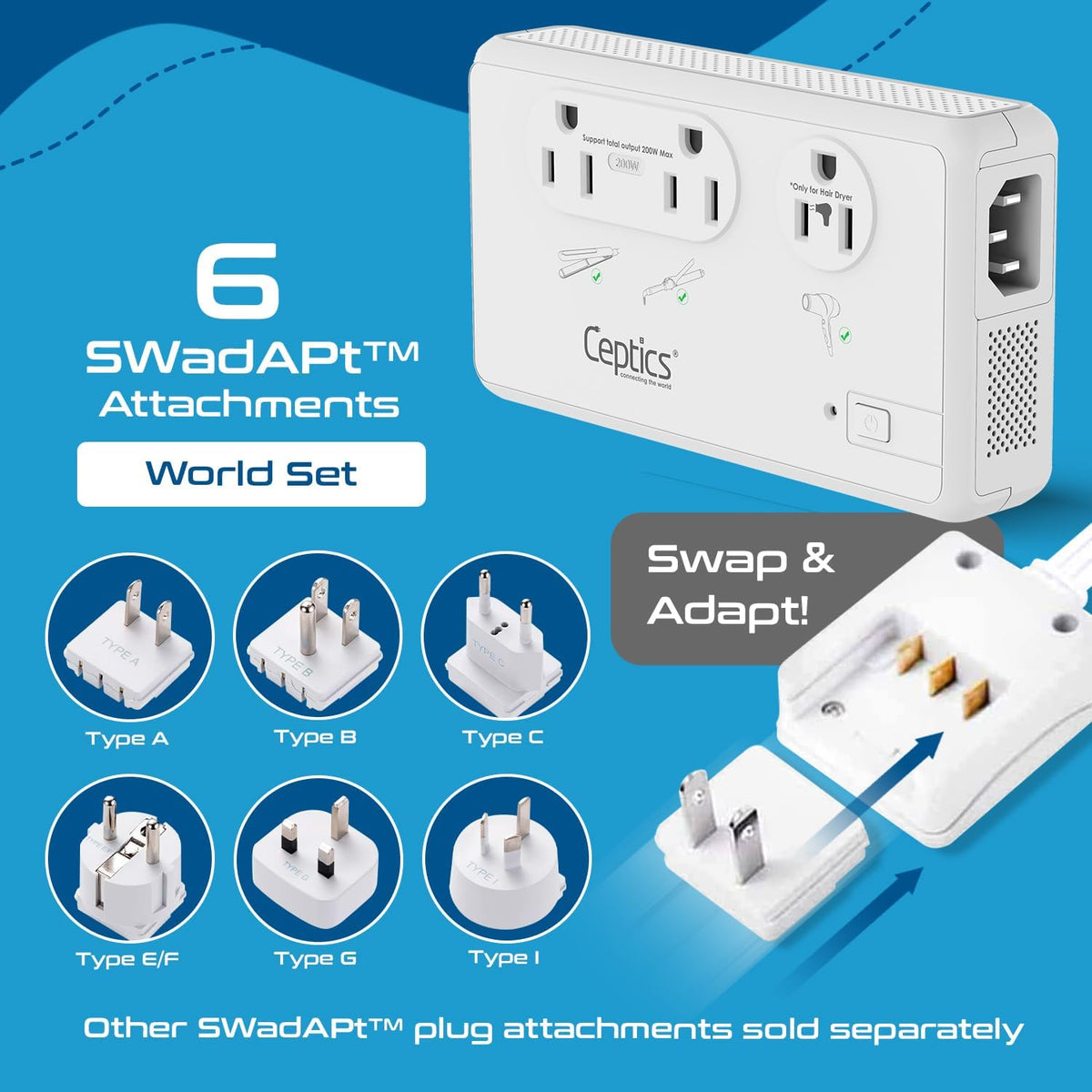Ceptics 200W+2000W Voltage Converter, 3 USB-A + 1 USB-C, 6 SWadAPt Plugs