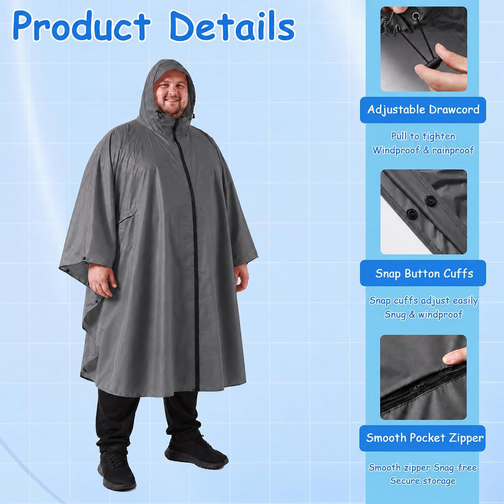 King Mills Zipper Plus Size Rain Poncho, Reusable Rain Ponchos for Adults Plus Size with Zipper, Adult Ponchos with Hood