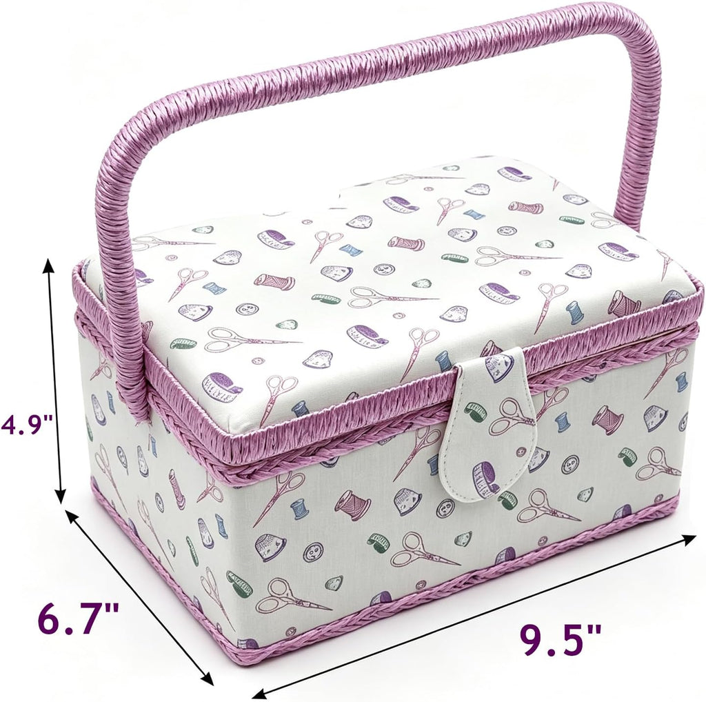 Sewing Box with Accessories Set, Fabric Floral Craft Storage Organizer Basket for Women & Girls, Portable Sewing Kit for Beginner, Travel, Mending, Embroidery Supplies