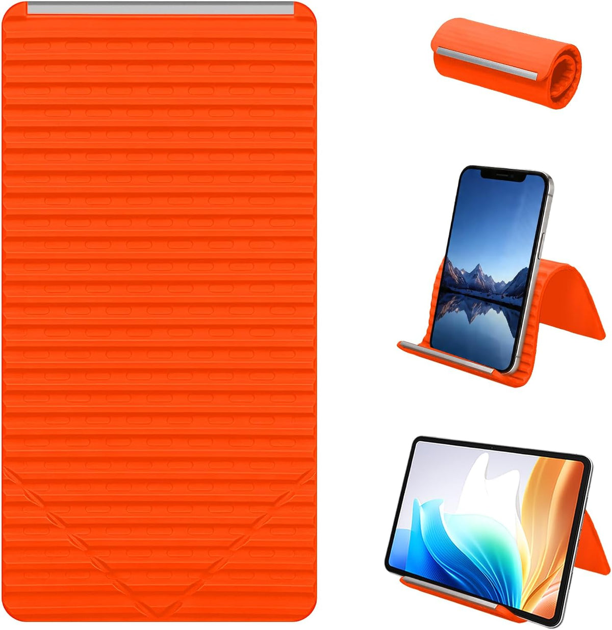 Foldable Phone Stand, Flexible Phone Holder Built-in Aluminum Anti-Slip Silicone Portable Phone Stand for Phone Tablet Laptop Bed Office Airplane Travel Orange