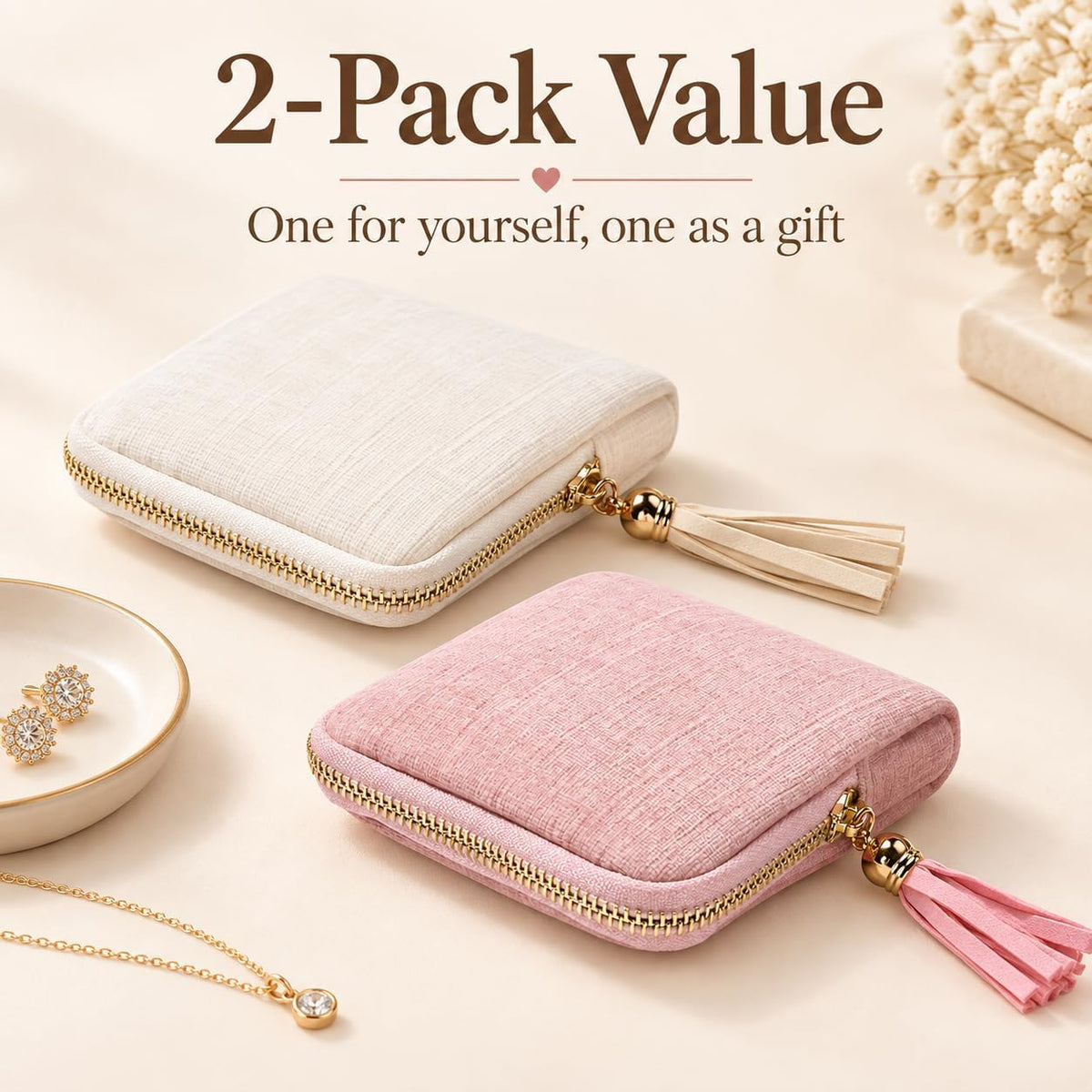 2-Pack Velvet Jewelry Organizer Case - Travel Zipper Pouch with Tassel, 6-Layer Storage for Bracelets, Bangles & Accessories (Off-white and Pink)