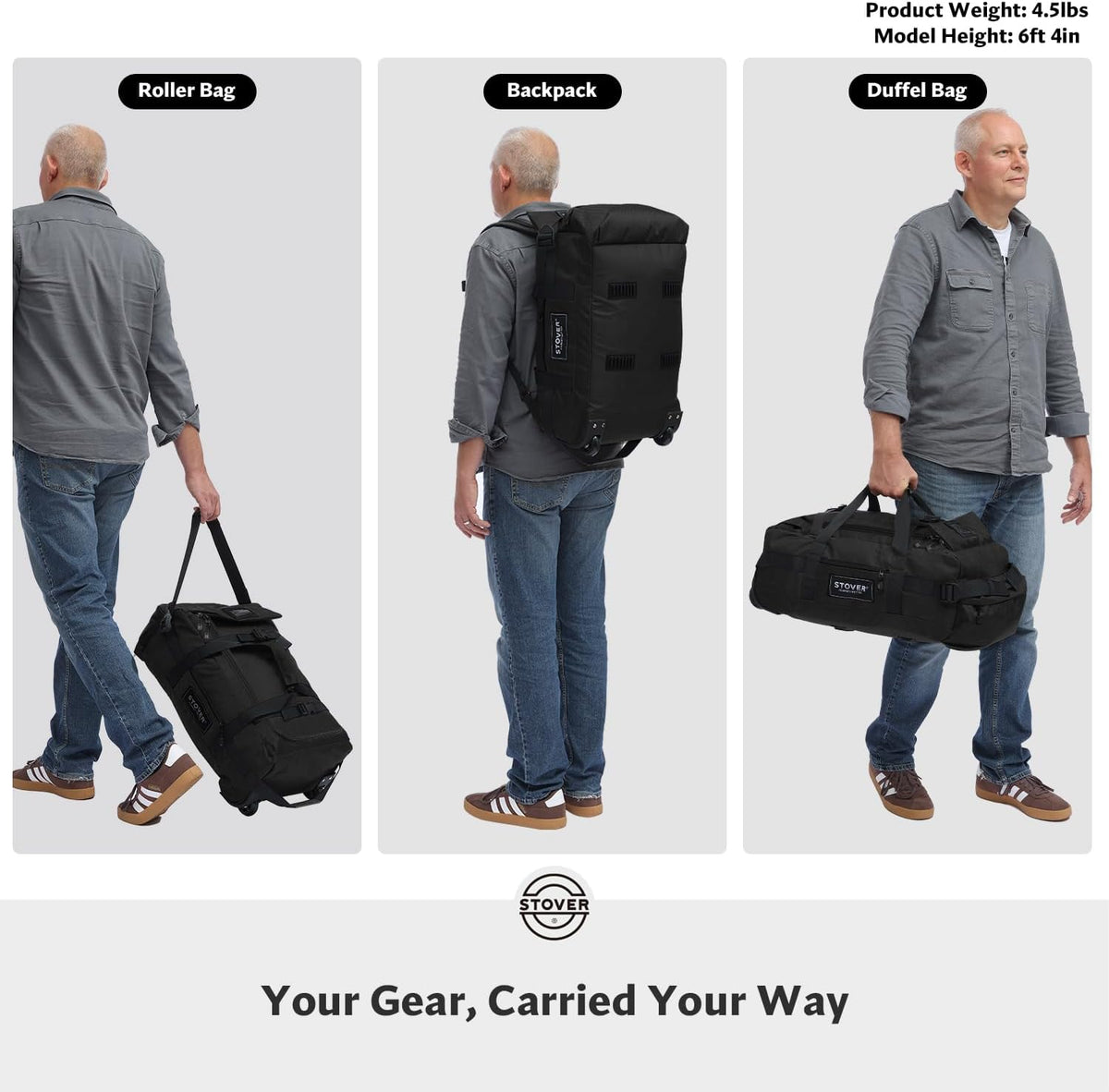 STOVER 45/80/100/120L U-Zip Carry-On Rolling Duffel Bag with Wheels, Medium Travel Duffle w/Toiletry Bag, Heavy-Duty, Foldable w/Shoulder Straps- Use as Luggage or Backpack, Men/Women (Black)