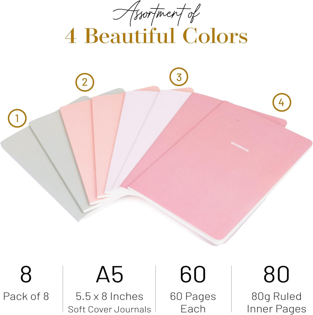 Notebook Journal (8 Pack), A5, 5.5 x 8 in, 80 gsm thick paper, Cute Soft Paper Cover Notebook Set, Thin Writing Journal for Travel, Meditation, Wedding and Dream Journals, Lightweight Lined