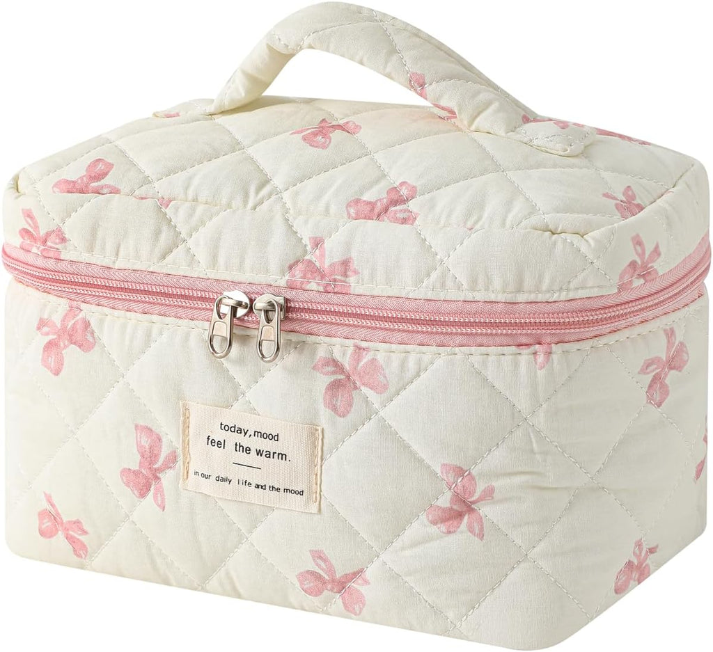 uekeboag Large Travel Quilted Makeup Bag for Women (Little Pink Bow