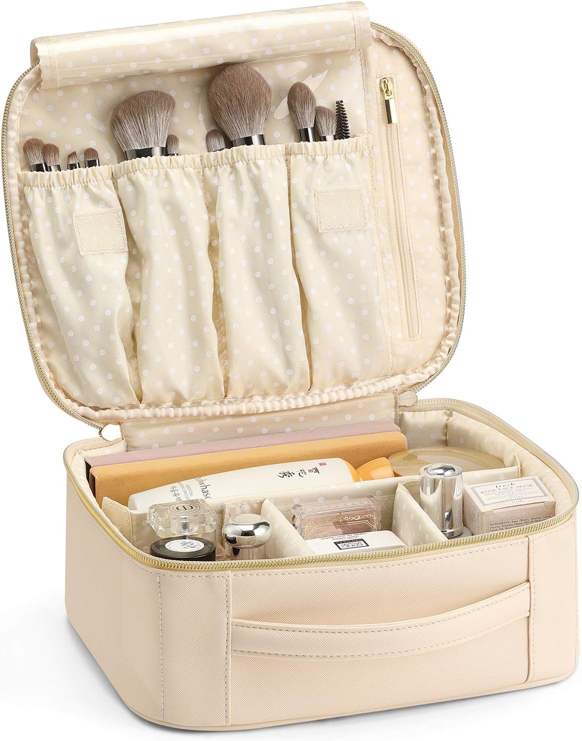 VLANDO Travel Makeup Bag, Makeup Bag Organizer,Gift Ideas for Women Girls,Makeup Storgae Bag with Dividers and Handle,Gifts for Christmas,Birthday,Wedding Beige